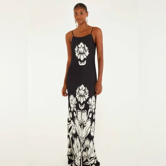 Farm Rio: Black & White Floral Arabesque Slip Lenzing Viscose Maxi Dress - Picture 1 of 8